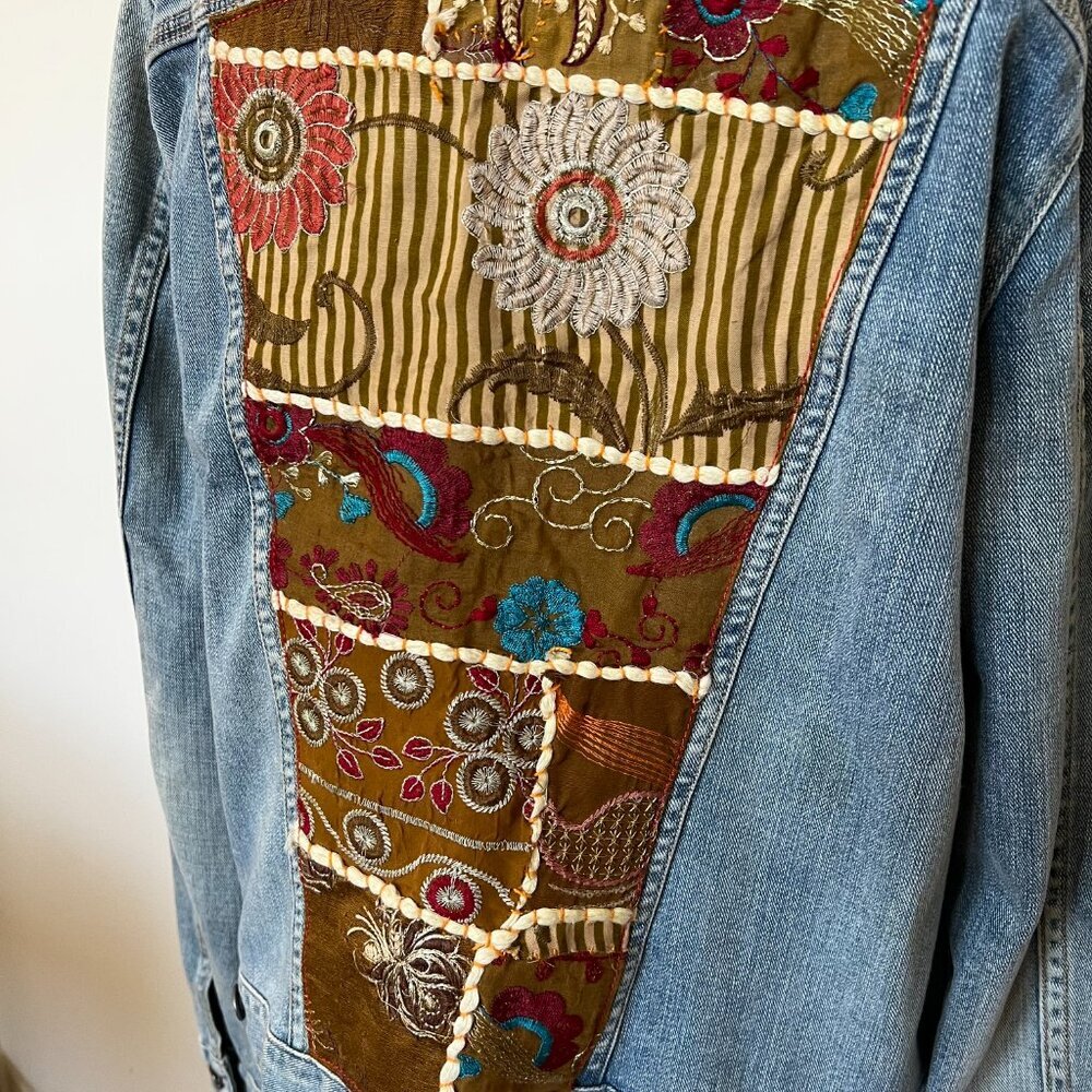 Patchwork Boho Vtg Inspired Lucky Brand Statement Denim Jacket 70s  Reworked L - Picture 4 of 14